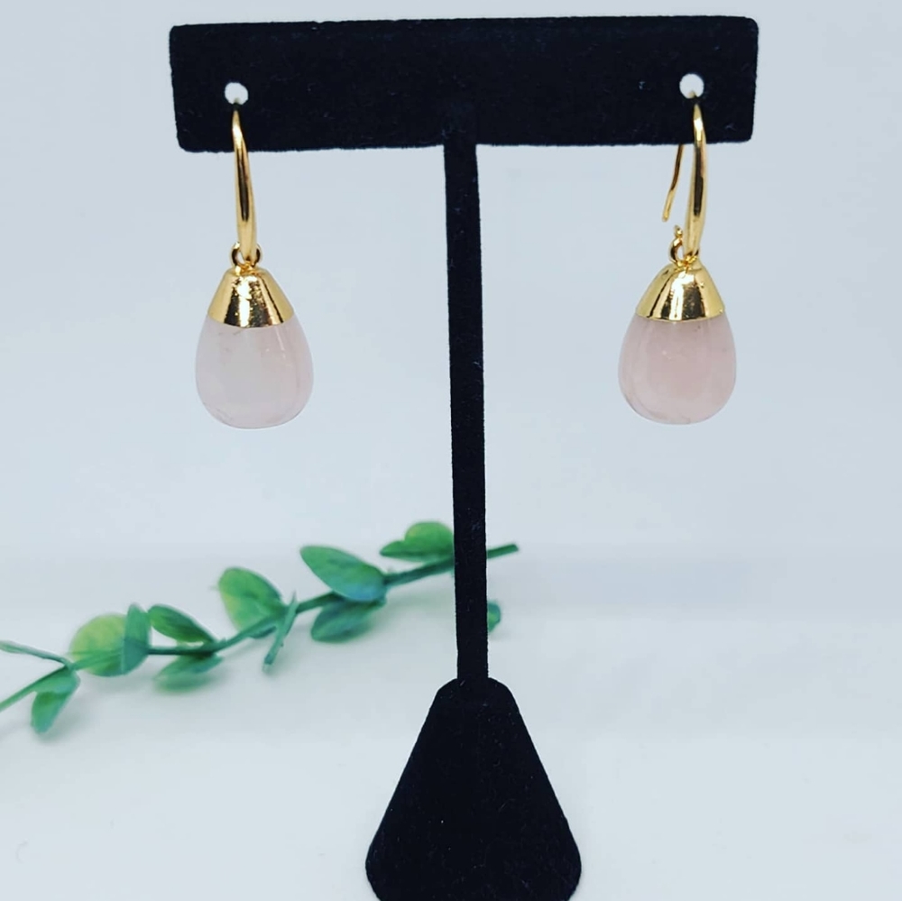 Rose Quartz Teardrop Brass Gold color plated earrings